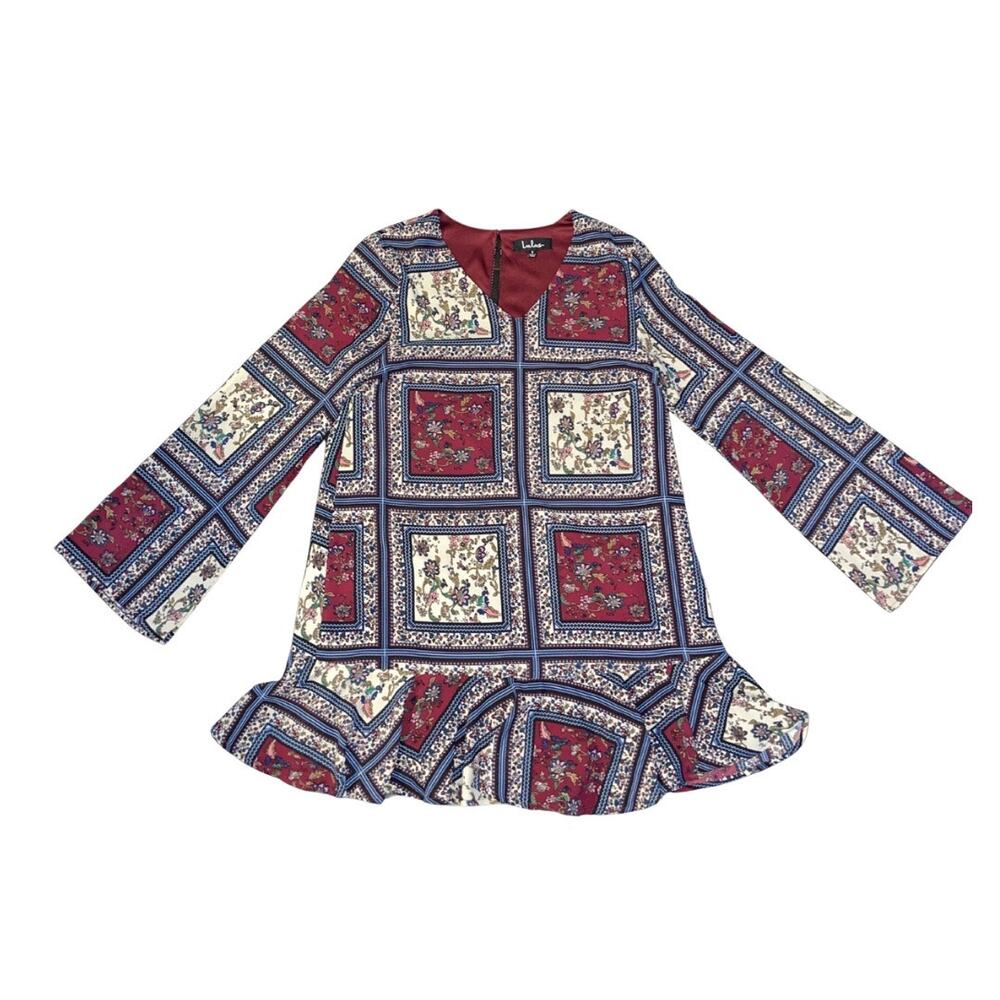 Lulus Multi Print Patchwork Long Sleeve Shift Dress SZ Small Artsy Boho Chic